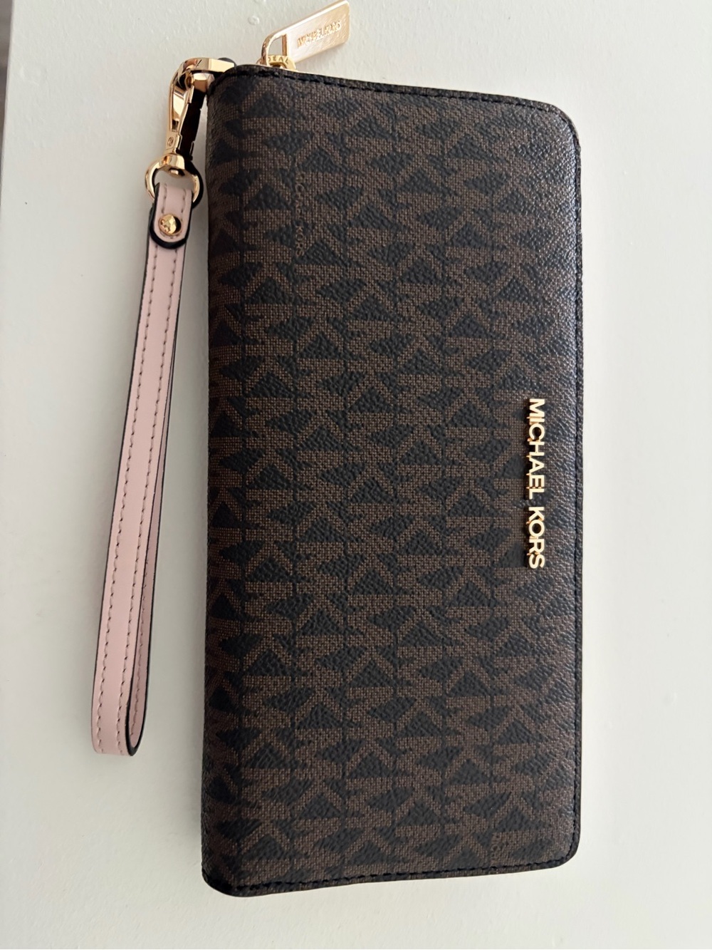 Michael Kors Brown Monogram Zip Wallet with Pink Wristlet